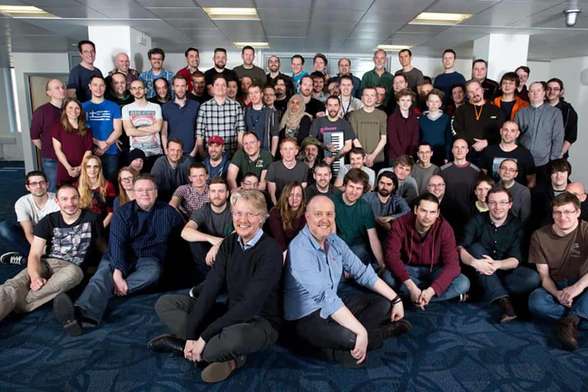 Codemasters are moving to the Custard Factory, Digbeth, Birmingham. Pictured, Lucan Gray (Custard Factory), seated foreground left with Nick Craig (Studio Manager) seated right, surrounded by the staff of Codemasters.